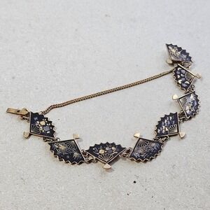 Vintage Amita Damascene Japanese Fan Link Bracelet Gold Tone Inlay Safety Chain